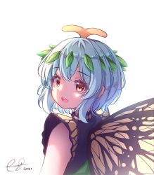 Rule 34 | 1girl, 2021, absurdres, artist name, black dress, black sleeves, blue hair, brown eyes, butterfly wings, commentary, dress, english commentary, eternity larva, evermythic, fairy, from behind, green dress, hair between eyes, hair ornament, highres, insect wings, leaf, leaf hair ornament, leaf on head, looking at viewer, multicolored clothes, multicolored dress, open mouth, short hair, short sleeves, simple background, smile, solo, teeth, tongue, touhou, white background, wings, yellow eyes