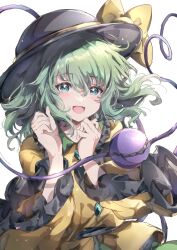Rule 34 | 1girl, black hat, blouse, blue eyes, bow, buttons, commentary request, diamond button, eyeball, frilled shirt collar, frilled sleeves, frills, green hair, green skirt, hat, hat bow, hat ribbon, heart, heart of string, highres, holding, komeiji koishi, nanop38, open mouth, ribbon, shirt, skirt, solo, third eye, touhou, white background, wide sleeves, yellow bow, yellow ribbon, yellow shirt