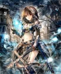 Rule 34 | 10s, 1girl, arrow (projectile), artist request, bow (weapon), brown hair, character request, crossbow, cygames, deathchaser, fingerless gloves, gloves, hitodama, hood, hood up, navel, official art, red eyes, revealing clothes, scabbard, shadowverse, sheath, shingeki no bahamut, skirt, solo, sword, town, tree, weapon