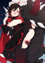 Rule 34 | 1girl, bestiality, black hair, breasts, cape, censored, cloak, clothed sex, corset, deep skin, dress, furry, furry male, grabbing, grabbing another&#039;s breast, gradient hair, grey eyes, grimm (rwby), heart, heart-shaped pupils, highres, hood, hooded cloak, interspecies, leg up, medium breasts, monster, mosaic censoring, multicolored hair, nipples, pantyhose, penis, petals, red cape, red hair, rose petals, ruby rose, rwby, sex, short hair, solo focus, standing, standing sex, symbol-shaped pupils, torn clothes, torn pantyhose, unsfrau, vaginal