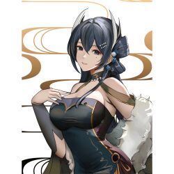 Rule 34 | 1girl, arknights, bare shoulders, black dress, black eyes, black hair, breasts, cantabile (arknights), cantabile (illumination that of daylights) (arknights), commentary request, dress, fur trim, hair between eyes, highres, large breasts, long hair, looking at viewer, mole, mole under eye, notgustiarp, off shoulder, official alternate costume, smile, solo, strapless, strapless dress, upper body, very long hair, white background