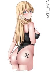 Rule 34 | 1girl, ass, ass tattoo, bismarck (kancolle), biting own lip, black leotard, blonde hair, blue eyes, blush, breasts, cropped torso, cross, embarrassed, from behind, highleg, highleg leotard, highres, iron cross, kantai collection, large breasts, leotard, long hair, looking at viewer, looking back, one-hour drawing challenge, sideboob, solo, strapless, strapless leotard, sweat, tf cafe, twitter username