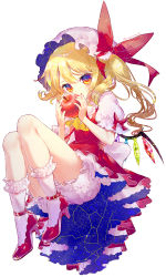 Rule 34 | 1girl, apple, ascot, blonde hair, bloomers, constellation print, crystal, flandre scarlet, food, frilled skirt, frills, fruit, hat, hat ribbon, highres, hinasumire, holding, holding food, holding fruit, knees up, legs together, looking at viewer, mary janes, mob cap, puffy short sleeves, puffy sleeves, red eyes, red footwear, red skirt, red vest, ribbon, shirt, shoes, short sleeves, side ponytail, skirt, touhou, underwear, vest, white background, white shirt, wings, yellow ascot