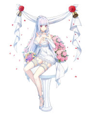 Rule 34 | 1girl, ankle bow, ankle ribbon, arm support, banner, bare shoulders, bell, blunt bangs, blush, bouquet, bow, braid, breasts, bridal gauntlets, bright pupils, cleavage, closed mouth, closers, clothing cutout, collarbone, dress, falling petals, flower, french braid, full body, hair bow, hand on own chest, hand up, high heels, highres, lace, lace-trimmed dress, lace-trimmed thighhighs, lace trim, large breasts, leg ribbon, long hair, looking at viewer, mirae (closers), official art, on table, pencil dress, petals, pink flower, pink rose, ponytail, purple eyes, purple flower, purple rose, red flower, red rose, ribbon, rose, rose bush, round table, see-through, see-through cleavage, short dress, sidelocks, sitting, sitting on table, sleeveless, sleeveless dress, smile, solo, table, tachi-e, thighhighs, underboob cutout, very long hair, wedding dress, white background, white bow, white bridal gauntlets, white dress, white footwear, white hair, white pupils, white thighhighs, yellow flower, yellow rose