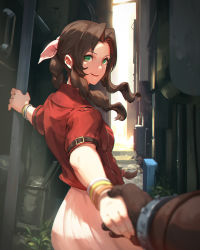 Rule 34 | 1boy, 1girl, aerith gainsborough, alley, belt, bracelet, braid, brown gloves, brown hair, cloud strife, cowboy shot, cropped jacket, final fantasy, final fantasy vii, final fantasy vii remake, gloves, green eyes, highres, holding, holding hands, jacket, jewelry, jiro (ninetysix), lips, long hair, looking at viewer, midgar, out of frame, outstretched arm, outstretched hand, parted bangs, parted lips, ponytail, pov, red jacket, sidelocks, single braid, smile, square enix