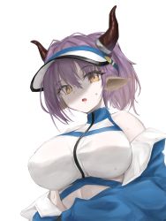 Rule 34 | 1girl, absurdres, animal ears, arknights, blue jacket, breasts, commentary, cow ears, cow horns, crop top, hair between eyes, highres, horns, jacket, large breasts, looking at viewer, off shoulder, official alternate costume, open clothes, open jacket, open mouth, orange eyes, ponytail, purple hair, short hair, sideroca (arknights), sideroca (light breeze) (arknights), simple background, sleeveless, solo, sweatdrop, upper body, visor cap, white background, yuki nko64, zipper