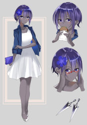 Rule 34 | 1girl, alternate costume, bag, bespectacled, blush, casual, commentary request, contemporary, dark-skinned female, dark skin, dress, eating, fate/grand order, fate (series), flower, food, glasses, grey background, hair between eyes, hair flower, hair ornament, handbag, hassan of serenity (fate), highres, jacket, knife, multiple views, open clothes, open jacket, purple eyes, purple hair, purple bag, purple jacket, red-framed eyewear, sandwich, semi-rimless eyewear, short dress, short hair, throwing knife, tsukise miwa, under-rim eyewear, weapon, white dress, white footwear