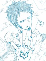 Rule 34 | 1boy, character name, cheese neko3, closed mouth, cube, earrings, facial hair, goatee, hand focus, hand tattoo, heart (organ), highres, hood, jewelry, looking at viewer, male focus, nail polish, necklace, one piece, short hair, tattoo, trafalgar law