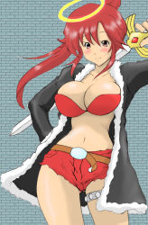 Rule 34 | breasts, coat, halo, highres, large breasts, midriff, ponytail, rai on (abc3639), red hair, smile, sword, weapon