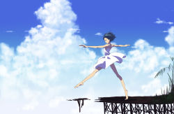 Rule 34 | 1girl, bad id, bad pixiv id, barefoot, black hair, cloud, day, kawamura rukanan, outstretched arms, sky, solo, spread arms, walking