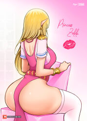 Rule 34 | 1girl, absurdres, ass, ass focus, back, blonde hair, bracelet, breasts, chair, dress, female focus, from behind, highres, jewelry, large breasts, lipstick mark, long hair, mystyhw, nintendo, paid reward available, patreon logo, patreon username, pink dress, pointy ears, princess zelda, shiny skin, shoulder blades, sideboob, sitting, sitting backwards, the legend of zelda, the legend of zelda: a link between worlds, thighhighs, triforce earrings, watermark, web address, white thighhighs