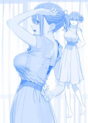 Rule 34 | 1girl, arms behind back, barefoot, black bra, blue theme, bra, breasts, commentary request, curtains, dress, full body, getsuyoubi no tawawa, highres, himura kiseki, large breasts, looking at viewer, looking to the side, maegami-chan (tawawa), monochrome, multiple views, open mouth, short hair, sidelocks, sleeveless, sleeveless dress, smile, solo, standing, toenails, toes, underwear, zipper