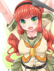 Rule 34 | 1girl, arms up, beige shirt, bell, black hairband, blunt bangs, braid, chain, commentary request, crown braid, de ruyter (kancolle), green eyes, green sailor collar, green skirt, hairband, kantai collection, kougasha, long hair, looking at viewer, neckerchief, orange neckerchief, pleated skirt, red hair, sailor collar, sailor shirt, school uniform, serafuku, shirt, skirt, smile, solo