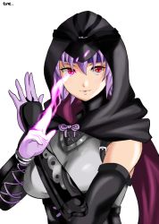 Rule 34 | 1girl, arm guards, armor, aura, ayane (doa), bodysuit, breasts, closed mouth, commentary request, dead or alive, dead or alive 6, elbow gloves, gloves, headband, hood, hood up, lips, looking at viewer, medium breasts, ninja, purple hair, red eyes, simple background, solo, tsune (tnmy4375), upper body, white background