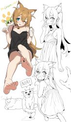 Rule 34 | 1boy, 1girl, absurdres, animal ear fluff, animal ears, barefoot, bell, black dress, blue eyes, blush, breasts, cat, cat girl, chinese commentary, commentary request, cyjalway, dress, eyelashes, feet, from behind, full body, hair between eyes, hand up, highres, holding, knee up, legs, long hair, neck bell, open mouth, original, out of frame, panties, paw pose, short dress, sidelocks, simple background, sitting, sleeveless, sleeveless dress, small breasts, soles, squatting, strap slip, toenails, toes, underwear, upper body, white background, white panties