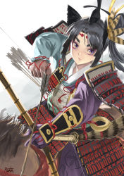 Rule 34 | 1girl, arm guards, armor, arrow (projectile), black hair, blue eyes, bow (weapon), closed mouth, commentary request, drawing bow, fate/grand order, fate (series), feathers, hair ornament, hat, highres, holding, holding arrow, holding bow (weapon), holding weapon, japanese armor, kote, long hair, looking at viewer, parted bangs, pirata (gailtonatiu), side ponytail, solo, tate eboshi, ushiwakamaru (fate), very long hair, weapon, white sleeves