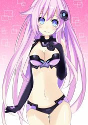 Rule 34 | 10s, 1girl, alternate breast size, bad id, bad pixiv id, blue eyes, blush, breasts, choujigen game neptune mk2, cleavage, cleavage cutout, clothing cutout, cowboy shot, elbow gloves, female focus, gloves, hair ornament, hand on own chest, long hair, looking at viewer, midriff, mikan no shiru, navel, nepgear, neptune (series), no nose, pink hair, purple sister, smile, solo, symbol-shaped pupils, very long hair