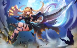 Rule 34 | 1girl, :|, arm blade, bare shoulders, bat (animal), black footwear, black skirt, blonde hair, boots, building, closed mouth, corset, detached sleeves, energy, feathers, floating hair, full body, full moon, hair intakes, hair ornament, konjiki no yami, leg belt, long hair, long sleeves, looking at viewer, miniskirt, moon, night, night sky, outstretched arm, overskirt, prehensile hair, red eyes, serious, skirt, sky, sleeveless, solo, sword, thigh strap, to love-ru, torn clothes, torn skirt, two side up, very long hair, weapon, wide sleeves