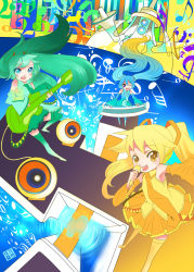 Rule 34 | blonde hair, blue eyes, blue hair, boots, detached sleeves, grayfair, green hair, guitar, hatsune miku, instrument, keyboard, long hair, microphone, musical note, necktie, purple eyes, skirt, thigh boots, thighhighs, twintails, very long hair, vocaloid, yellow eyes, absurdres, alternate color, highres, keyboard (instrument)