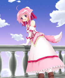 Rule 34 | 10s, 1girl, ahoge, animal ears, bare shoulders, cloud, day, dog days, dog ears, dog girl, dog tail, dress, gloves, highres, kahis (sweetbriar), millhiore f. biscotti, open mouth, pantyhose, pink hair, purple eyes, seven arcs, sky, solo, tail, white gloves, white pantyhose