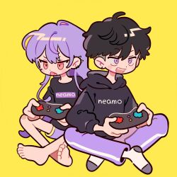 Rule 34 | 1boy, 1girl, :d, back-to-back, barefoot, behind another, black hair, black hoodie, blush stickers, chestnut mouth, controller, dolman (dm), dot nose, double-parted bangs, earrings, fang, full body, holding, holding controller, hood, hood down, hoodie, indian style, jewelry, long hair, long sleeves, looking ahead, multiple piercings, open mouth, original, pants, print hoodie, promotional art, purple eyes, purple hair, purple pants, purple shorts, red eyes, second-party source, short hair, short sleeves, shorts, siblings, simple background, single vertical stripe, sitting, smile, socks, text print, three quarter view, undercut, v-shaped eyebrows, very long hair, white socks, yellow background