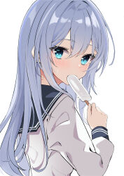 Rule 34 | 1girl, absurdres, blue eyes, blush, commentary, fathom, food, grey hair, hair between eyes, hibiki (kancolle), highres, holding, holding food, kantai collection, long hair, long sleeves, looking at viewer, no headwear, popsicle, school uniform, serafuku, sidelocks, simple background, solo, upper body, white background