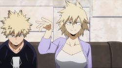 Rule 34 | 10s, 1boy, 1girl, angry, animated, animated gif, bakugou katsuki, bakugou mitsuki, blonde hair, boku no hero academia, breasts, cleavage, clenched teeth, couch, large breasts, looking at viewer, mature female, mother and son, red eyes, short hair, sitting, slapping, spiked hair, teeth