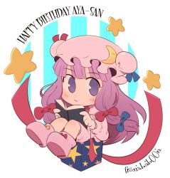 Rule 34 | 1girl, artist name, book, bow, box, chibi, crescent, crescent hat ornament, frown, full body, hair bow, happy birthday, hat, hat ornament, mob cap, morphin e, patchouli knowledge, purple eyes, purple hair, sitting, solo, star (symbol), touhou