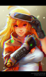 Rule 34 | 1girl, 2018, adjusting goggles, alternate costume, black gloves, blonde hair, breasts, chromatic aberration, cleavage, dated, gloves, goggles, goggles on head, head-mounted display, highres, jacket, letterboxed, long hair, lulu-chan92, nintendo, power glove, prosthesis, prosthetic arm, purple eyes, ready player one, rwby, smile, solo, watermark, web address, yang xiao long