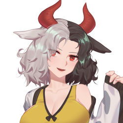 1girl :d animal_ears animal_print bare_shoulders black_hair blush breasts chinese_commentary cleavage commentary_request cow_ears cow_horns cow_print eyes_visible_through_hair forehead hand_up haori head_tilt highres horns japanese_clothes large_breasts long_sleeves looking_at_viewer multicolored_hair off_shoulder open_mouth red_eyes short_hair silver_hair simple_background sleeves_past_wrists smile solo split-color_hair sports_bra touhou two-tone_hair upper_body ushizaki_urumi white_background wide_sleeves xtears_kitsune