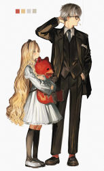 Rule 34 | 1boy, 1girl, absurdres, black socks, blonde hair, blue eyes, blush, cigarette, collared shirt, color guide, copyright request, dress, formal, full body, glasses, grey hair, hairband, heterochromia, highres, holding, holding stuffed toy, isshiki (ffmania7), jacket, kneehighs, long hair, mary janes, necktie, open clothes, open jacket, red eyes, red socks, shirt, shoes, simple background, smoking, socks, stuffed animal, stuffed toy, suit, teddy bear, very long hair, white background