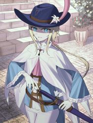 Rule 34 | 1other, blonde hair, blue eyes, blue hat, cape, chevalier d&#039;eon (fate), fate/grand order, fate (series), flower, gloves, hat, hat flower, highres, lily (flower), long hair, low ponytail, pants, plume, sheath, sheathed, sword, tamitami, weapon, white gloves, white pants, wide sleeves
