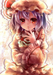 Rule 34 | 1girl, blush, dress, female focus, finger to mouth, hat, hat ribbon, long sleeves, looking at viewer, open mouth, puracotte, purple hair, red eyes, remilia scarlet, ribbon, short hair, solo, touhou