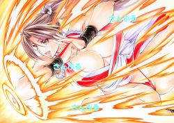 Rule 34 | 1girl, breasts, fatal fury, fire, from side, large breasts, pelvic curtain, ponytail, shiranui mai, solo, yqgkg