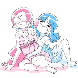 Rule 34 | 10s, 2girls, = =, barefoot, blue hair, camisole, glasses, hanasaki tsubomi, heartcatch precure!, hot, kurumi erika, lucille, multiple girls, pink hair, ponytail, popsicle, precure, shorts, sitting, sweat, thl1995, twintails