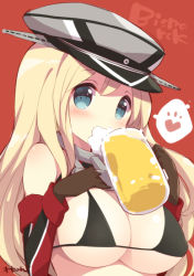 Rule 34 | 10s, 1girl, alcohol, bare shoulders, beer, beer mug, bikini, bismarck (kancolle), black bikini, black gloves, blonde hair, blue eyes, blush, breasts, character name, cup, detached sleeves, drink, drinking, foam, from side, gloves, hand on own chest, hat, heart, holding, jewelry, kantai collection, large breasts, long hair, looking at viewer, micro bikini, mug, neck ring, parted bangs, peaked cap, red background, sideboob, simple background, solo, speech bubble, spoken heart, string bikini, swimsuit, underboob, upper body, watanon (gakushokutei)
