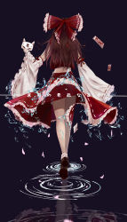 Rule 34 | 1girl, absurdres, bare shoulders, bow, brown footwear, brown hair, commentary request, detached sleeves, eye mask, fox mask, frilled skirt, frilled sleeves, frills, full body, hair bow, hakurei reimu, highres, holding, holding mask, long hair, long sleeves, mask, nontraditional miko, noyuki (3702), ofuda, petals, ponytail, red bow, red skirt, red vest, reflection, reflective water, ribbon-trimmed skirt, ribbon-trimmed sleeves, ribbon trim, shoe soles, skirt, solo, touhou, translation request, vest, walking, walking on liquid, white legwear, white sleeves, wide sleeves