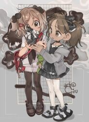 Rule 34 | 2girls, black bow, black dress, black footwear, black pantyhose, blush, bow, brown eyes, brown footwear, brown hair, closed mouth, commentary, copyright request, dress, english commentary, full body, girutea, grey jacket, hair bow, hair ornament, hairclip, highres, holding, jacket, multiple girls, open mouth, pantyhose, red bag, sandals, shoes, short hair, sports sandals, standing, thighhighs, twintails, two side up, white thighhighs