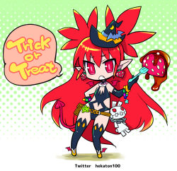 Rule 34 | 1girl, asymmetrical gloves, bat wings, bikini, chibi, demon tail, disgaea, etna (disgaea), food, fork, fruit, gloves, halloween, hat, hekaton, long hair, pointy ears, red eyes, red hair, shoes, solo, standing, strawberry, swimsuit, tail, thighhighs, uneven gloves, very long hair, winged footwear, wings, witch hat