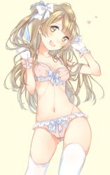 Rule 34 | 10s, 1girl, :d, bad id, bad twitter id, blush, bow, bow panties, bra, breasts, brown eyes, brown hair, cameltoe, frilled bra, frilled panties, frills, gloves, hair bow, hair ornament, heart, long hair, looking at viewer, love live!, love live! school idol project, medium breasts, minami kotori, navel, nerunnn, open mouth, panties, side ponytail, smile, solo, thighhighs, underwear, underwear only, white gloves, white thighhighs