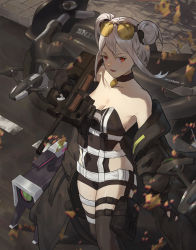 Rule 34 | 1girl, absurdres, alternate costume, bad id, bad pixiv id, bare shoulders, black choker, black gloves, black jacket, black thighhighs, breasts, buckle, bullpup, choker, cirilla lin, cleavage, clothes pull, dinergate (girls&#039; frontline), double bun, drone, extended barrel, eyewear on head, girls&#039; frontline, gloves, gun, hair bun, highres, holding, holding weapon, horizontal magazine, jacket, jacket pull, jewelry, looking at viewer, medium hair, necklace, open mouth, p90, p90 (girls&#039; frontline), personal defense weapon, red eyes, silver hair, small breasts, snap-fit buckle, solo, standing, submachine gun, thighhighs, unmanned ground vehicle, weapon