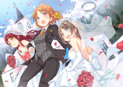 Rule 34 | 10s, 3girls, :d, :o, ahoge, bad id, bad pixiv id, blue eyes, blush, braid, bridal veil, bride, brown hair, chm (macharge), dress, formal, from side, girl sandwich, grin, groom, hair ornament, holding another&#039;s arm, holding hands, long hair, love live!, love live! sunshine!!, multiple girls, open mouth, orange hair, pant suit, pants, petals, red eyes, red hair, sakurauchi riko, sandwiched, short hair, smile, suit, takami chika, veil, watanabe you, wedding, wedding dress, wife and wife, wife and wife and wife, yuri