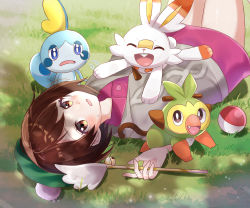 1girl absurdres bad_id bad_pixiv_id blush brown_eyes brown_hair cardigan commentary_request creatures_(company) dress game_freak gen_8_pokemon gloria_(pokemon) grass green_headwear grey_cardigan grookey hat highres holding looking_at_viewer lying masyu_jyaga nintendo on_back open_mouth outdoors pink_dress poke_ball poke_ball_(basic) pokemon pokemon_(creature) pokemon_swsh scorbunny short_hair sobble starter_pokemon_trio tam_o&#039;_shanter