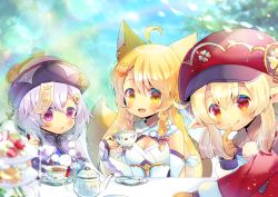 Rule 34 | 3girls, :d, :o, :q, ahoge, animal ear fluff, animal ears, arm guards, bare shoulders, blonde hair, blue dress, blurry, blurry background, blurry foreground, blush, bow, braid, breasts, brown eyes, brown gloves, cabbit, cleavage, commentary request, copyright request, cup, day, depth of field, dress, fox ears, fox girl, fox hair ornament, fox tail, genshin impact, gloves, hair between eyes, hair bow, hair ornament, hairclip, hat, holding, holding cup, indie virtual youtuber, klee (genshin impact), kou hiyoyo, long hair, long sleeves, low twintails, medium breasts, multiple girls, open mouth, outdoors, parted lips, pink bow, pointy ears, purple eyes, purple hair, purple headwear, qingdai guanmao, qiqi (genshin impact), red dress, red eyes, red headwear, saucer, smile, tablecloth, tail, tail raised, tea, teacup, teapot, tiered tray, tongue, tongue out, twin braids, twintails, upper body, virtual youtuber, white dress