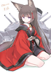 Rule 34 | 1girl, amagi (azur lane), animal ears, azur lane, blunt bangs, brown gloves, brown hair, cannon, character name, choker, closed mouth, commentary request, fox ears, fox tail, full body, gloves, hair ornament, highres, japanese clothes, kimono, long hair, looking at viewer, miniskirt, purple eyes, red kimono, senhappyaku, serious, sitting, skirt, solo, tail, thick eyebrows, weapon, wide sleeves