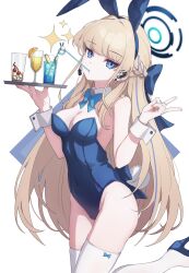 Rule 34 | 1girl, animal ears, aqua bow, aqua bowtie, blonde hair, blue archive, blue bow, blue eyes, blue footwear, blue hair, blue leotard, bow, bowtie, braid, breasts, cleavage, commentary, cup, detached collar, drinking, drinking glass, drinking straw, earpiece, earrings, fake animal ears, fake tail, hair bow, halo, high heels, highres, holding, holding tray, jewelry, leg up, leotard, long hair, looking at viewer, medium breasts, multicolored hair, official alternate costume, playboy bunny, rabbit ears, rabbit tail, ripnte, simple background, single earring, solo, sparkle, standing, standing on one leg, strapless, strapless leotard, streaked hair, tail, thighhighs, toki (blue archive), toki (bunny) (blue archive), tray, v, very long hair, white background, white thighhighs, white wrist cuffs, wrist cuffs