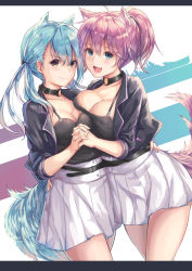 Rule 34 | &gt;:), 2girls, :d, alternate costume, animal ears, aoba (azur lane), aoba (kancolle), arm around waist, asymmetrical docking, azur lane, black jacket, black shirt, blue eyes, blue hair, blush, breast press, breasts, brown eyes, buckle, cleavage, closed mouth, collar, cowboy shot, crossover, fox ears, fox tail, hand on another&#039;s hip, highres, historical name connection, interlocked fingers, jacket, kantai collection, kemonomimi mode, large breasts, letterboxed, long hair, looking at viewer, low twintails, medium breasts, multiple girls, name connection, open clothes, open jacket, open mouth, pink hair, pleated skirt, shirt, short hair, skirt, smile, standing, tail, tama satou, tareme, twintails, v-shaped eyebrows, white skirt