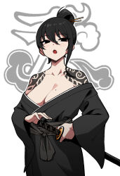Rule 34 | 1girl, bare shoulders, black eyes, black hair, black kimono, blush, breasts, cleavage, cowboy shot, hair between eyes, hair bun, hair ornament, hair stick, highres, holding, holding sword, holding weapon, japanese clothes, kimono, large breasts, library of ruina, looking at viewer, medium hair, mole, mole on breast, off shoulder, open mouth, project moon, sayo (library of ruina), shoulder tattoo, single sidelock, solo, sword, tattoo, two-tone background, weapon, wide sleeves, yaritoo