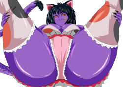 Rule 34 | 1girl, absurdres, animal ears, artist request, ass, bishoujo senshi sailor moon, blush, breasts, cameltoe, cat ears, cat girl, collar, collarbone, colored skin, dress, female focus, foreshortening, heavy breathing, highres, huge ass, large breasts, legs apart, looking at viewer, lying, miniskirt, naughty face, nekonneru (sailor moon), nipples, no bra, pink hair, pointy ears, presenting, purple skin, red eyes, shiny skin, short dress, simple background, skirt, smile, solo, sweat, tattoo, undressing, white background