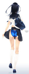 Rule 34 | 1girl, artist name, ass, bag, black footwear, black sailor collar, blue one-piece swimsuit, clothes lift, commentary request, competition swimsuit, female focus, from behind, full body, gradient background, highres, kneehighs, kneepits, loafers, long hair, murakami suigun, one-piece swimsuit, original, pleated skirt, sailor collar, school bag, shoes, short hair, simple background, skirt, skirt lift, socks, solo, swimsuit, swimsuit under clothes, walking, white background, white socks, wind, wind lift